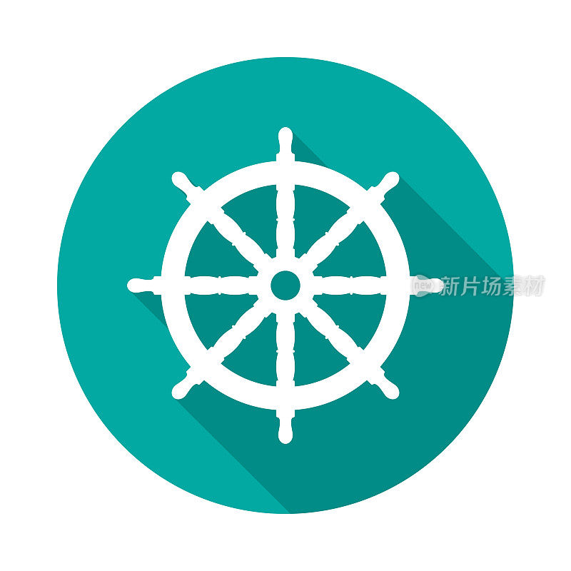 Boat steering wheel circle icon with long shadow. Flat design style.